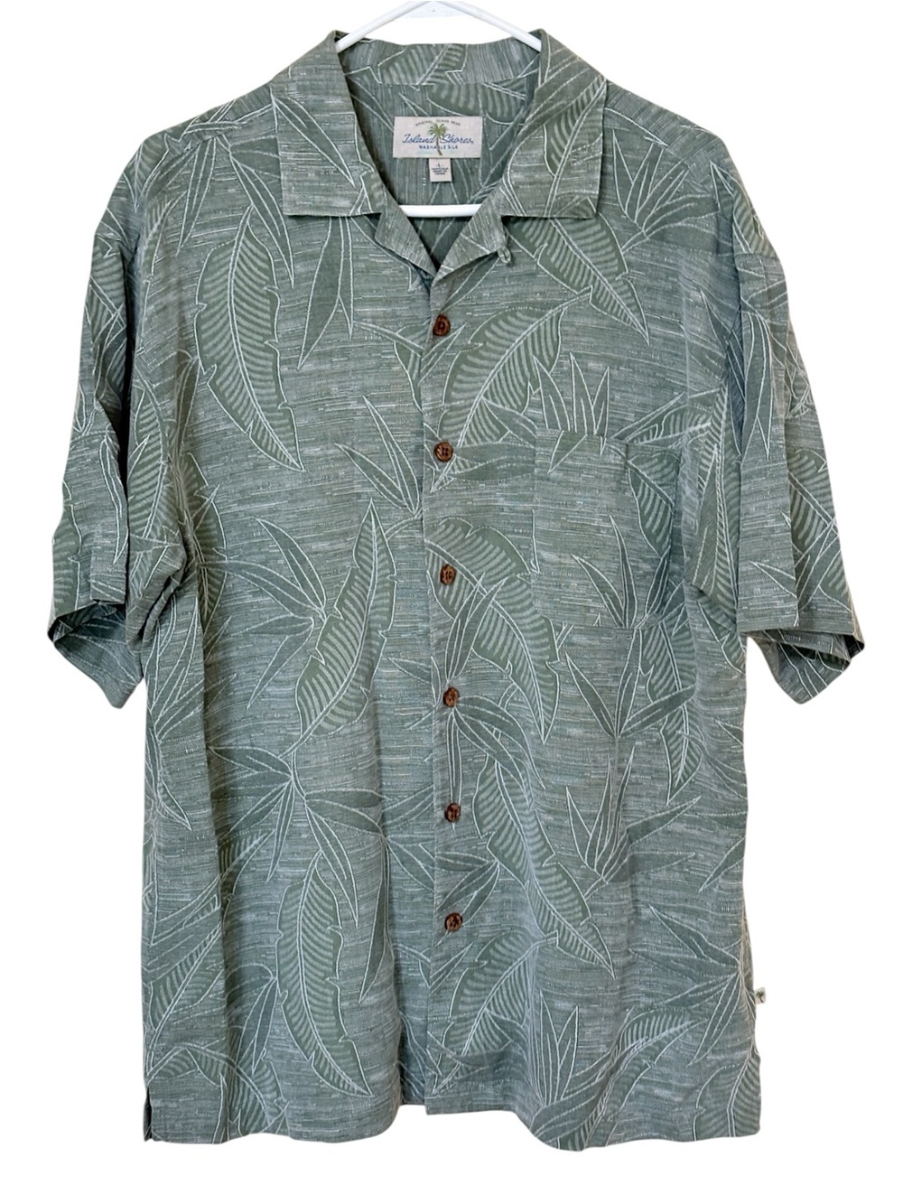 Island Shores 100% Silk Hawaiian Shirt Mens L Sage Green Aloha Camp Collar
